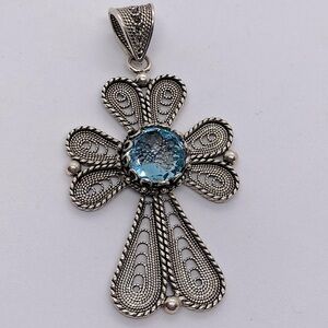 Vtg Sterling & Topaz Filigree Large Cross Pendant - DGS Turkey / 2.3” Length